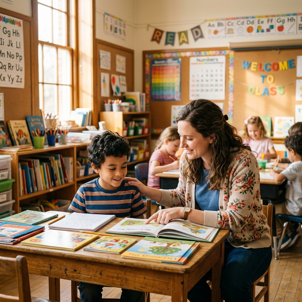 Teacher helping a student in a warm sunlit classroom